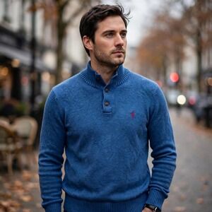 Ralph Lauren Men's Blue Cotton 1/4 button Mock Neck Sweater XL‎